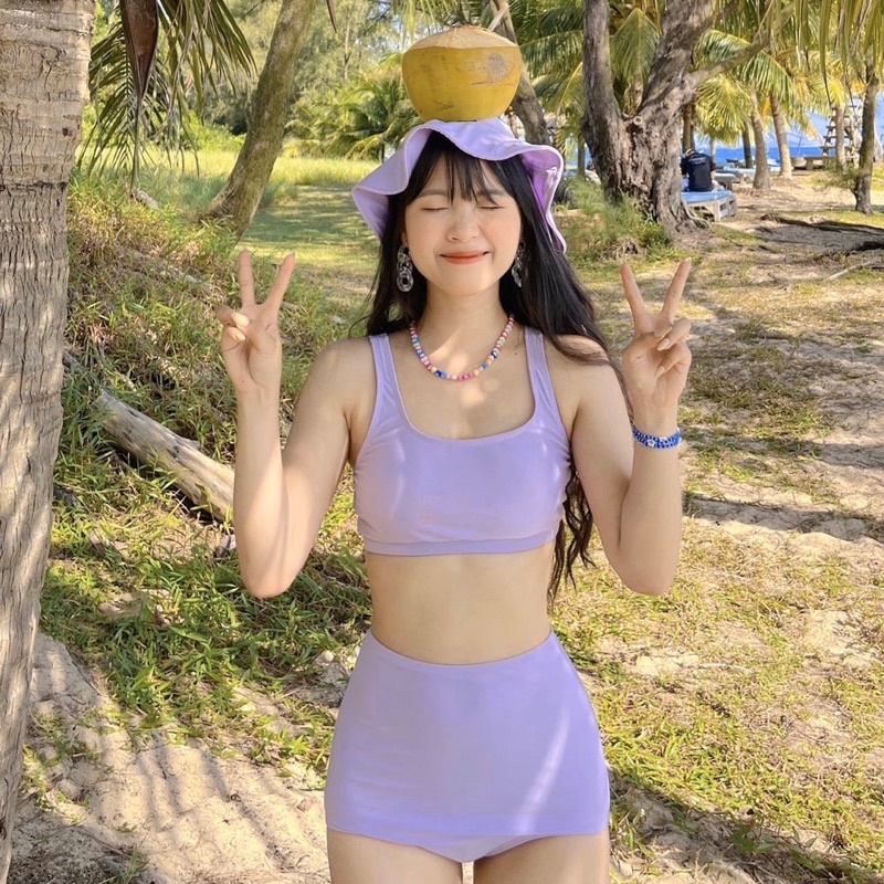 SET BIKINI 3 MÓN KÈM MŨ VÀNH TÍM LILAC KIỂU HÀN (CẠP CAO)