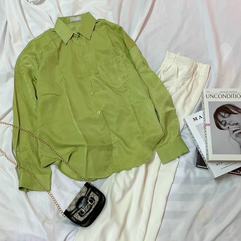 Sét áo sơ mi xanh cốm kèm quần ống rộng trắng- bộ đồ nữ hàn quốc áo chất lụa quần chất tuyết mưa lưng cao ulzzang