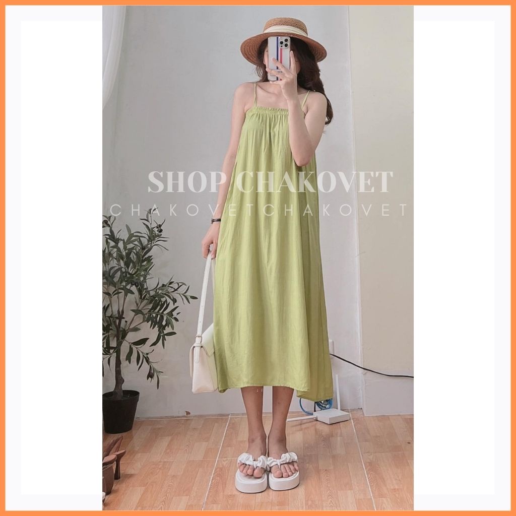 Váy 2 dây nữ đầm maxi đi biển V8228 dáng dài qua gối chun ngực freesize babydoll xanh lá đẹp vintage sang chảnh-CHAKOVET