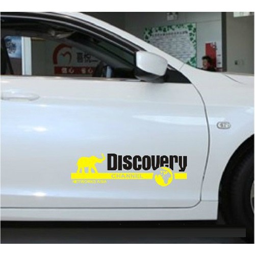 Bộ 2 tem dán decal DISCOVERY CHANNEL vàng đen trắng phong cách