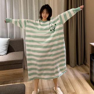 Đầm ngủ chất Cotton tay dài hoạ tiết kẻ sọc cho phái nữ