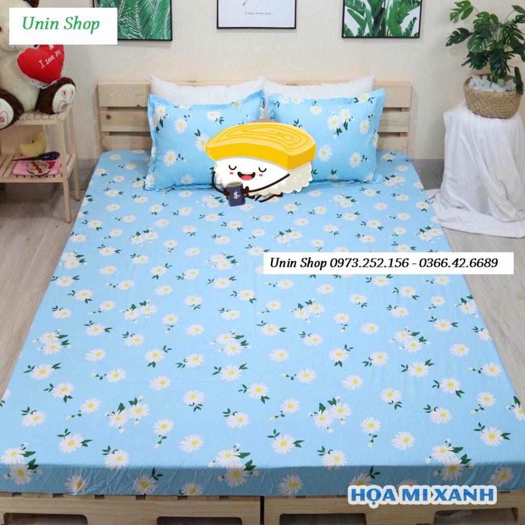 (Thanh lý) Bộ 3 món ga kèm 2 áo gối m6/m8/2m2 drap bo chun bọc nệm mẫu Ếch xanh poly cotton