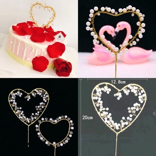 Topper cắm bánh hình trái tim gắn hạt ngọc trang trí bánh kem