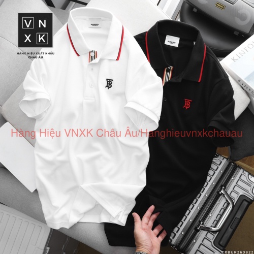 Áo Thun Nam Polo Trắng Đen BURBERRY VIỀN ĐỎ LONDON ENGLAND Vải Dệt Kim Cao Cấp Sang Trọng CÓ BIG SIZE 2XL