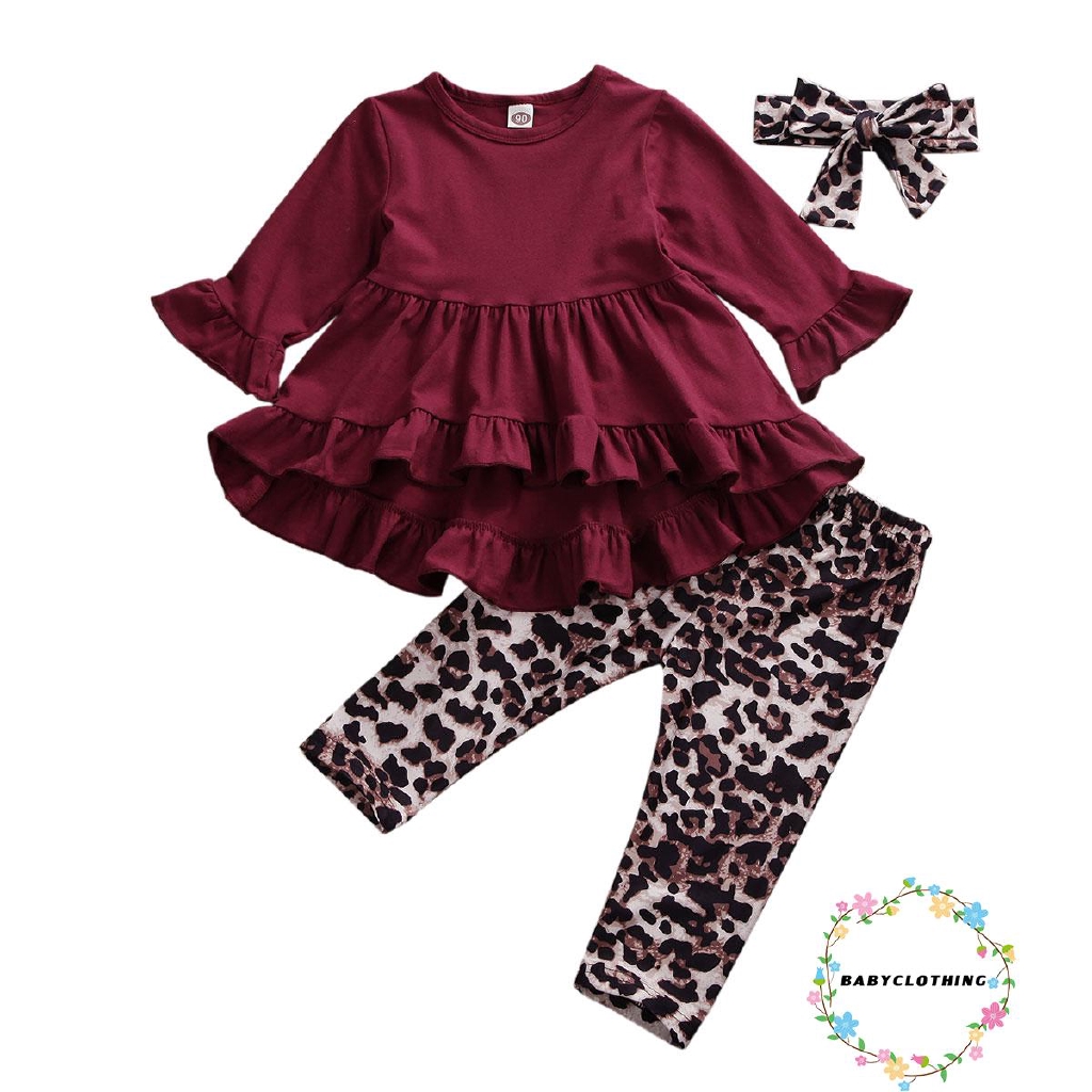 Áo thun dáng xòe phối quần leggings da beo thời trang thu đông xinh xắn dành cho bé gái