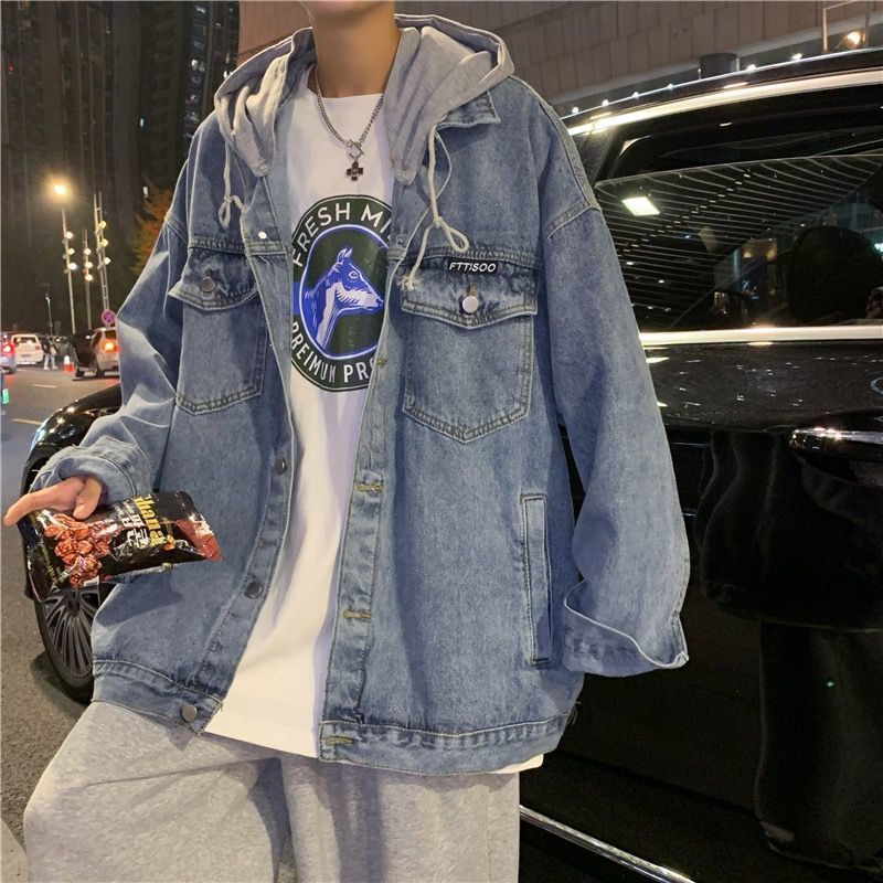 Áo Khoác Denim Có Mũ Trùm Dáng Rộng Thời Trang Xuân Thu Cho Cặp Đôi
