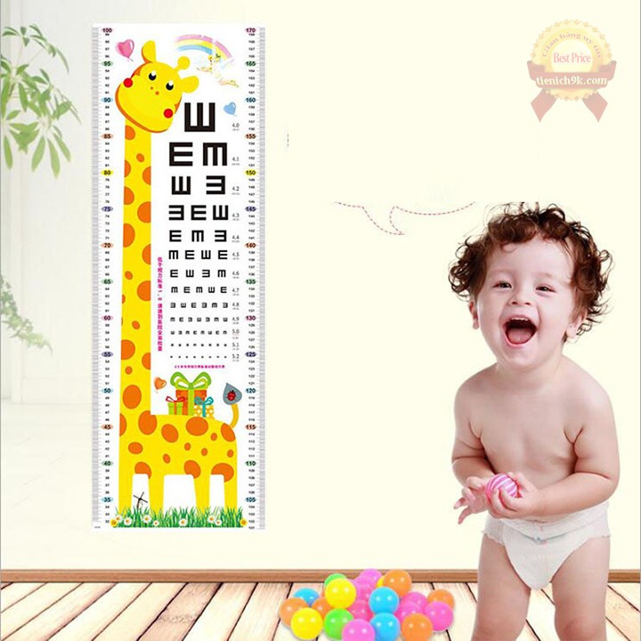 Thước Dán Tường Đo Chiều Cao Cho Bé Hình Hươu Cao Cổ 1m70cm, Decal dán tường đo chiều cao, kiểm tra thị giác cho be