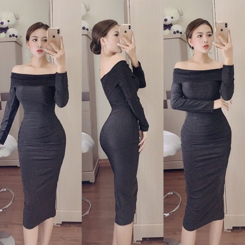 Đầm Body Nhũ Kim Tuyến (Size S-M-L-XL) trễ vai tay dài HÀNG THIẾT KẾ