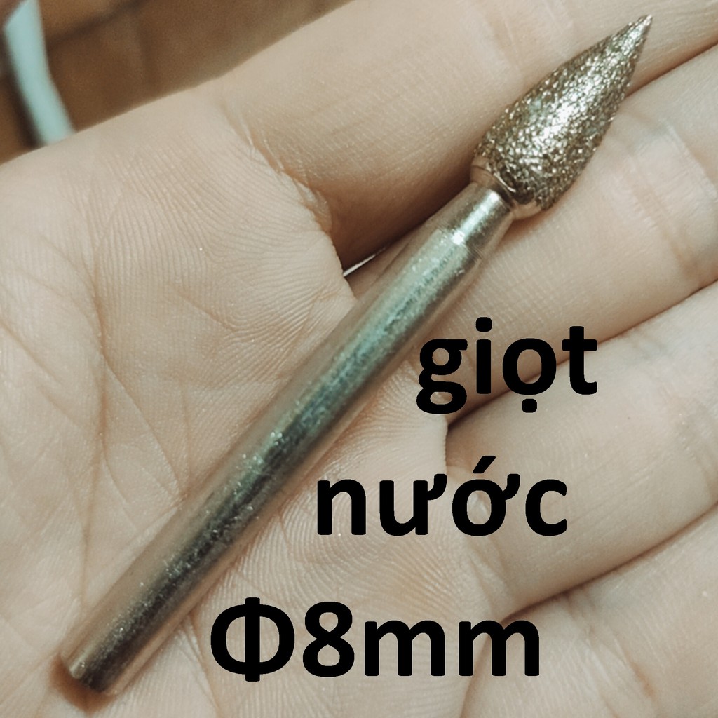 Mũi mài kim cương, mũi mài khắc đá, ngọc, hình giọt nước 8mm, cán 6mm