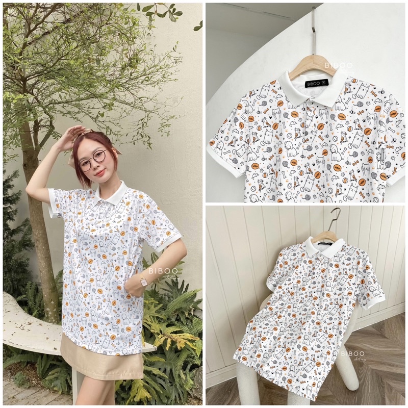 BIBOO - Áo polo họa tiết có cổ tay ngắn form unisex nam nữ CHÓ MÈO - PETS chất liệu dày dặn, không nhăn