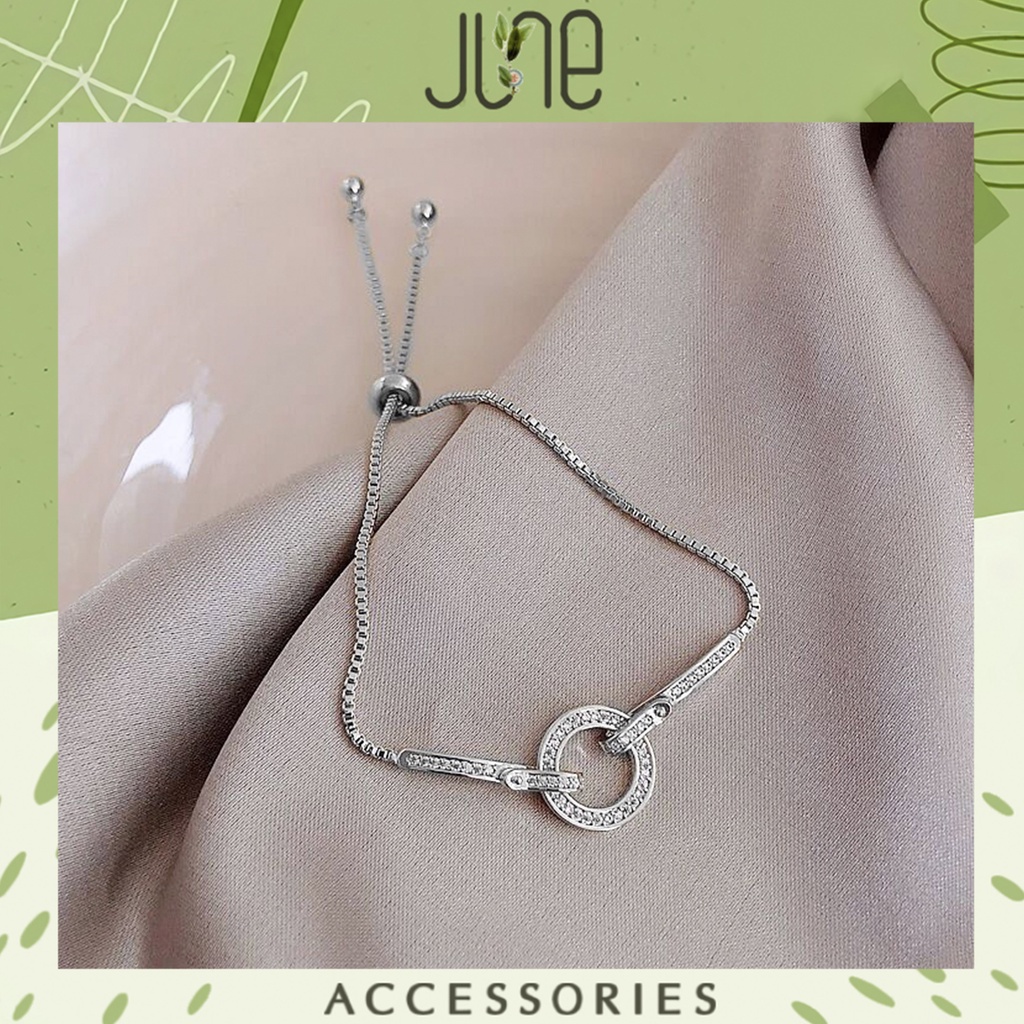 Lắc tay mặt tròn đính đá zircon JUNE Vòng tay hình tròn đính đá có dây rút chỉnh kích thước thông minh Vintage