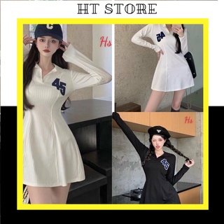 Đầm polo nữ chất thun chữ 45, đầm body nữ dài tay cổ bẻ trơn thêu chữ Q069