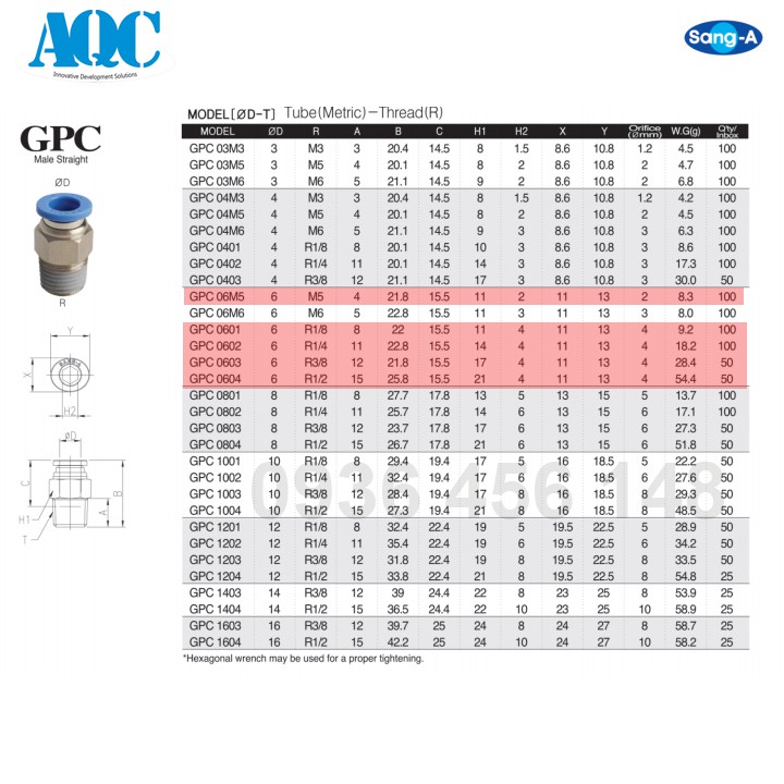 Đầu nối khí nén dạng thẳng có ren phi 6 ren M5, 9.6, 13, 17, 21 Sang-A