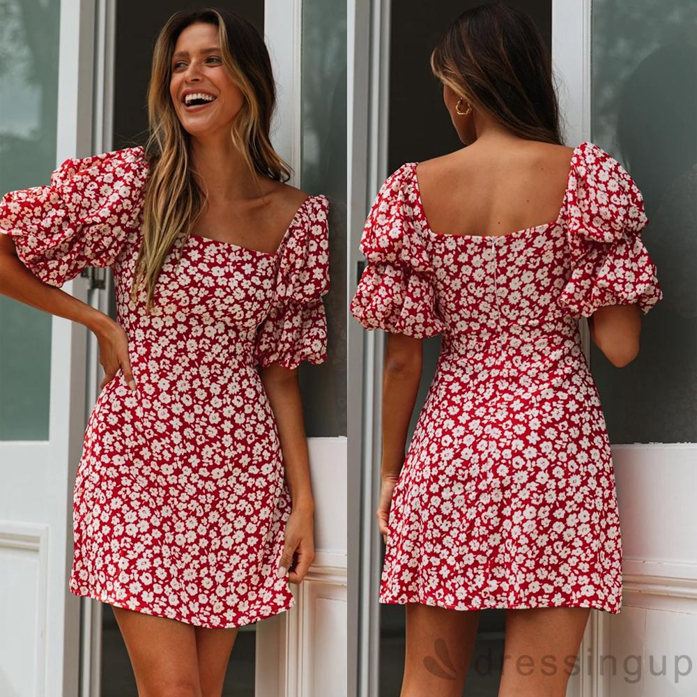 Đầm họa tiết in hoa hở lưng tay ngắn phong cách hợp thời trang cho nữ | BigBuy360 - bigbuy360.vn