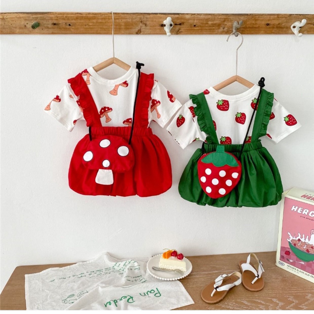 Bộ Áo Thun Ngắn Tay In Họa Tiết Trái Cây + Chân Váy Yếm Thời Trang Mùa Hè Dễ Thương Dành Cho Bé Gái 2022