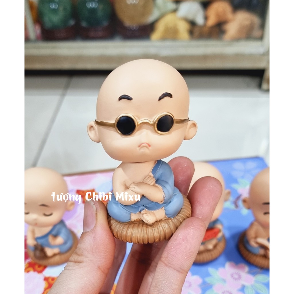 Bộ 04 chú tiểu áo xanh - mẫu lò xo ngồi thiền 7cm