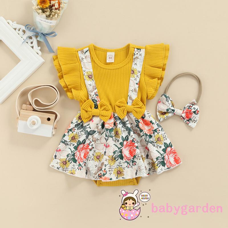 Bộ áo liền quần tay bèo in họa tiết và băng đô thời trang mùa hè xinh xắn dành cho bé gái