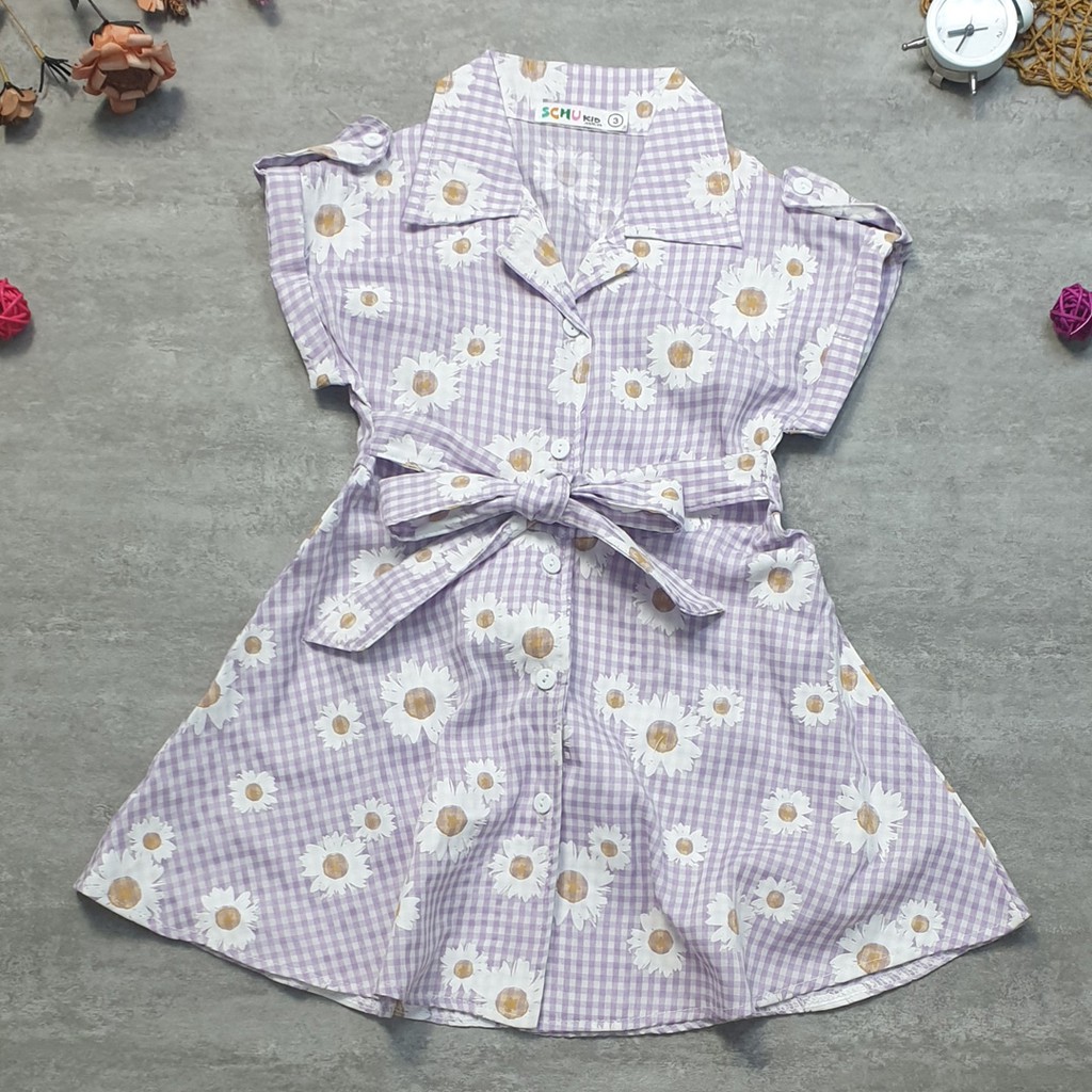 Đầm vải mềm xòe cột dây hoa cúc tím dễ thương bé gái