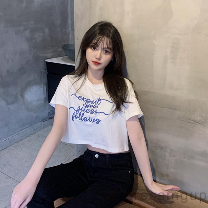 DRE-Women Loose Fit T-shirt, Letters Embroidery Pattern Round Neck Short Sleeve T-shirt, Black/ White