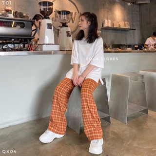Quần suông kẻ caro cam Hottrend 100cm