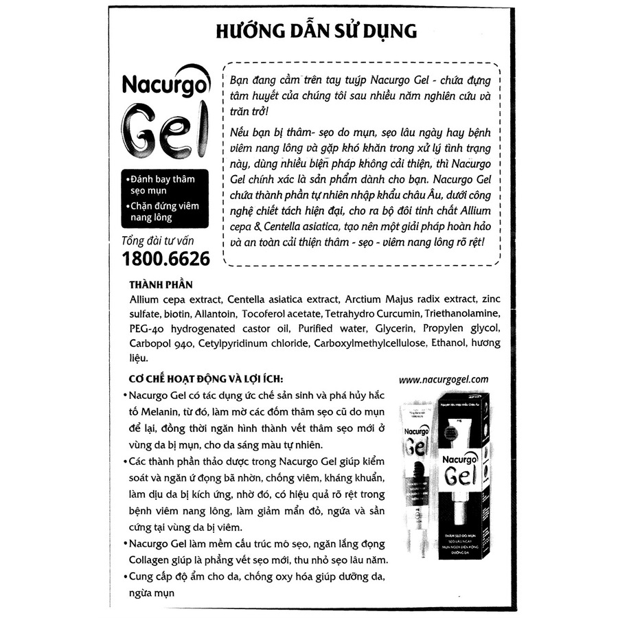 [Flash sale] [Chính Hãng] Nacurgo gel tuýp 20gr, giúp làm mềm sẹo, là phẳng sẹo mới, thu nhỏ sẹo lâu năm,chống oxy hóa g