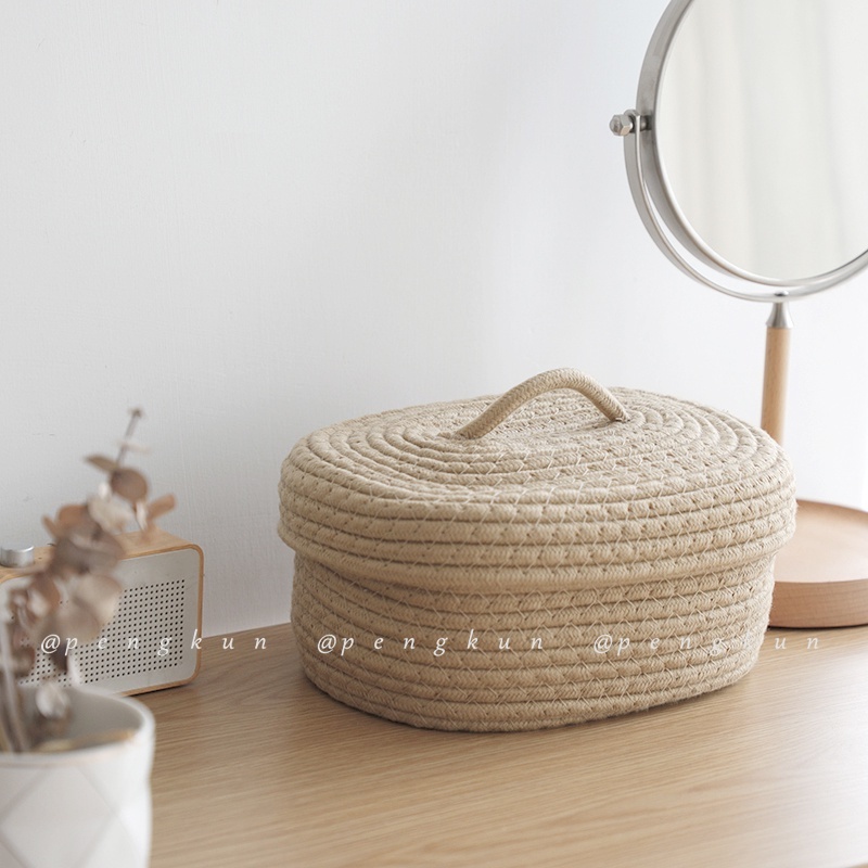 Hộp Đựng Đồ Bằng Cotton Đan Dây Có Nắp Chống Bụi Phong Cách Bắc Âu