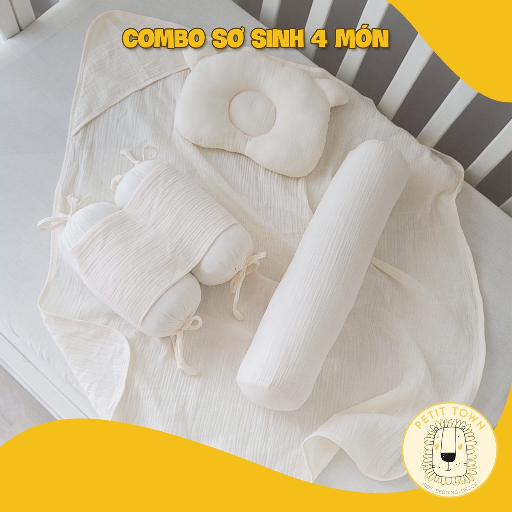 Gối sơ sinh, combo set đồ sơ sinh, 4 món, đồ cho trẻ sơ sinh, xô muslin, handmade, trắng kem