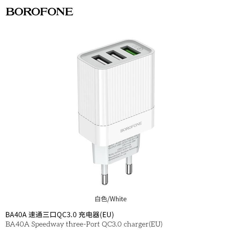 Cốc/Củ sạc nhanh QC 3.0 BOROFONE BA40A 3 cổng USB chính hãng, hỗ trợ sạc nhanh tối đa 18W