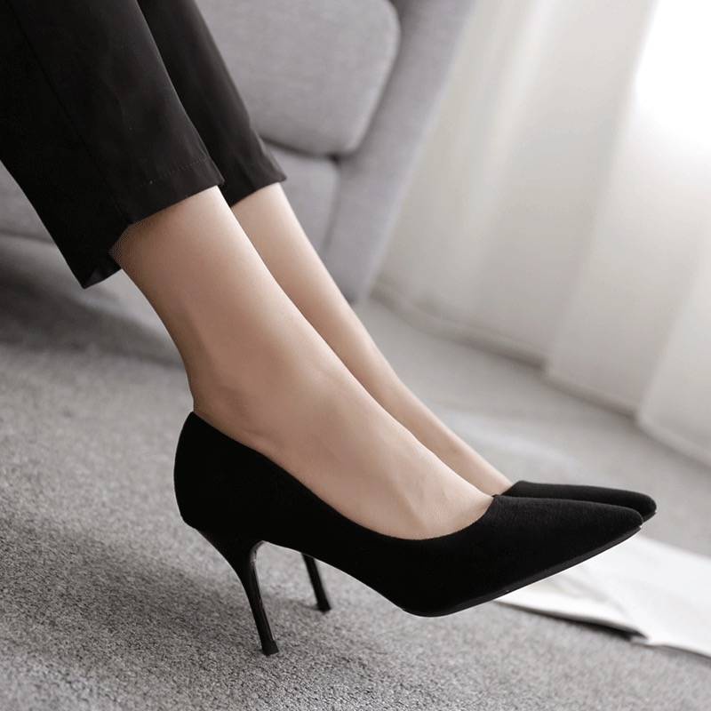 Giày Cao Gót Nữ。 Giày Cao Gót 5Cm 7Cm Mũi Nhọn Chất Liệu Nhung Đen Thanh Lịch Cho Nữ