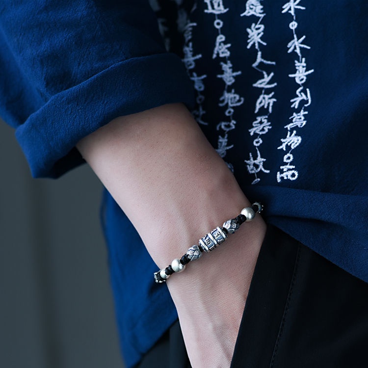 Vòng Tay Bạc 999 Dạng Chuỗi Hạt Phong Cách Retro Đơn Giản Cho Nam