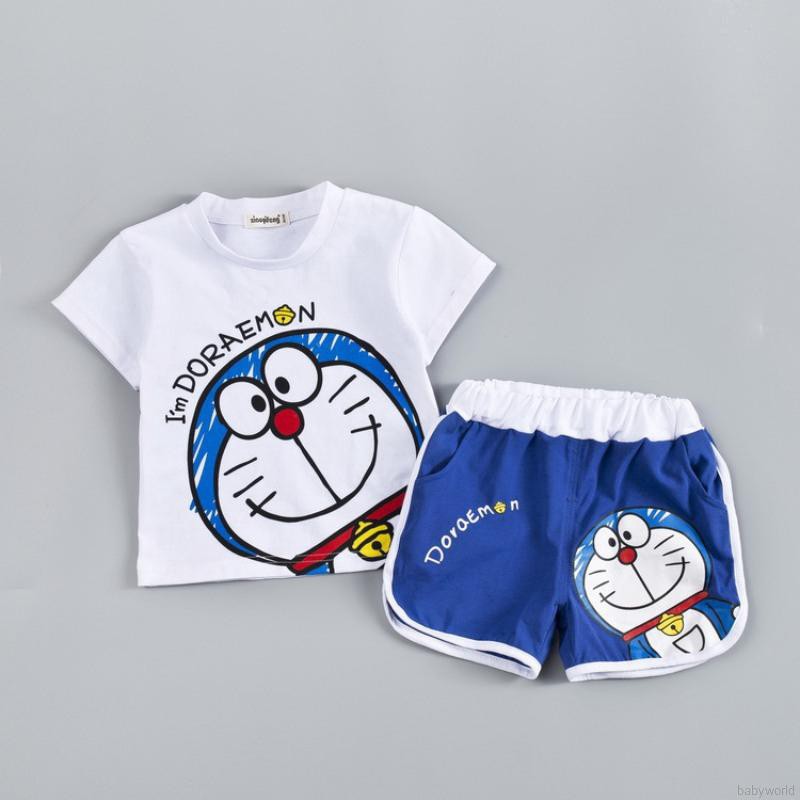 Áo thun tay ngắn in hình Doraemon và quần ngắn đáng yêu cho bé