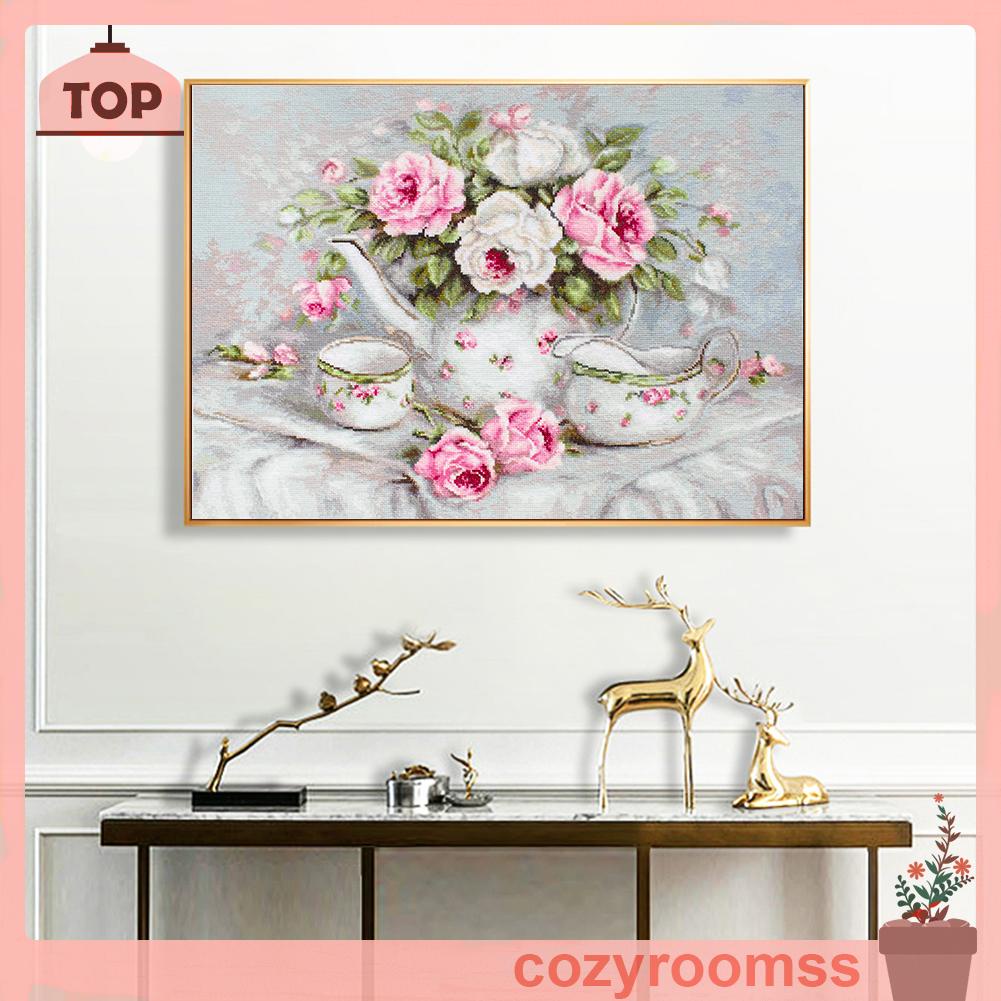 Tranh Thêu Chữ Thập Toàn Bộ 11CT DIY Hình Ấm Trà Và Hoa Hồng