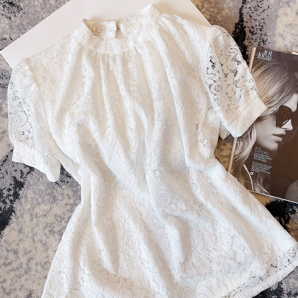 Áo ren trắng nữ G61 chất mát không lộ, áo sơ mi nữ cao cấp thời trang sang chảnh - Áo nữ ren tay ngắn phồng kiểu nữ đẹp
