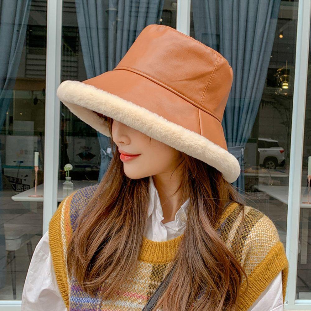 Nón Bucket Chất Liệu Da PU Dày Dặn Ấm Áp