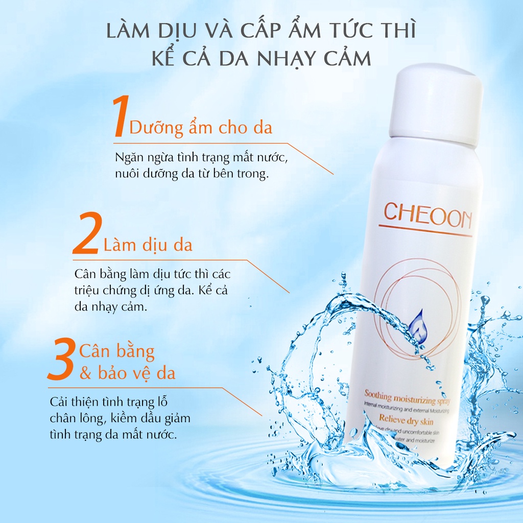 Xịt khoáng nano dưỡng ẩm CHEOON giúp giữ ẩm làm dịu da, làm giảm các triệu chứng dị ứng, bổ sung khoáng chẩt cho da150ml