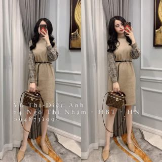 Váy len pha tay kẻ kèm đai