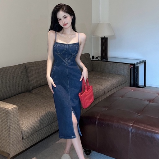 Đầm Denim Hai Dây Dáng Dài Xẻ Tà Màu Xanh Dương Phong Cách Retro Thời Trang Hàn Quốc Quyến Rũ Cho Nữ