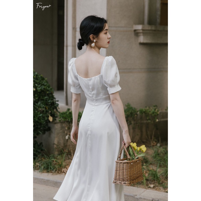 Flora Dress - Váy trắng tay bồng FORYOU dàng dài phối cổ vuông, đầm thiết kế dự tiệc | BigBuy360 - bigbuy360.vn