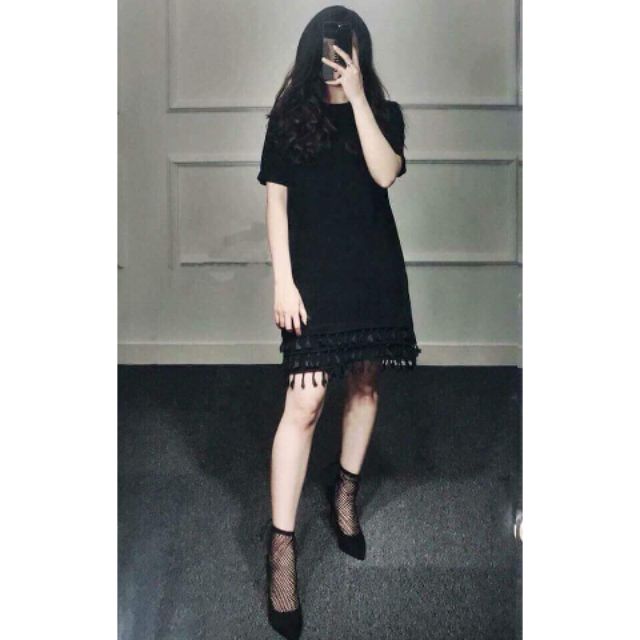 Đầm thun lai viền tua rua M2T mã 026011 màu đen