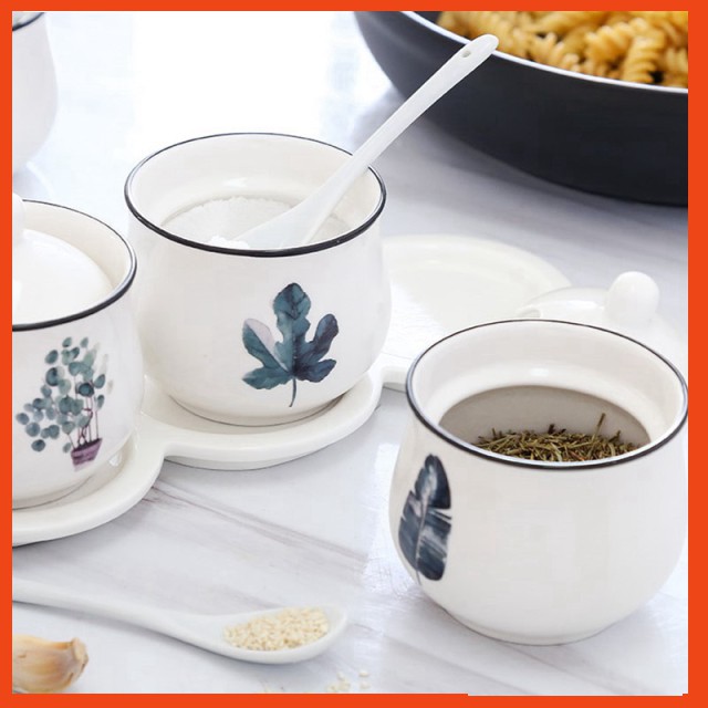 Bộ 3 hũ gia vị sứ hoa văn lá xanh