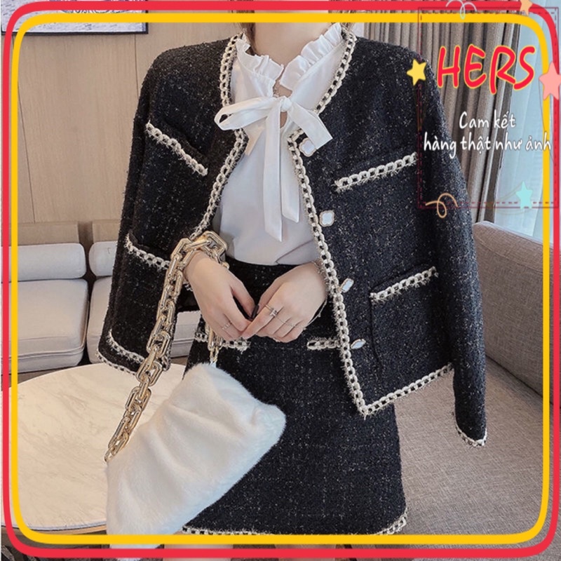 Set dạ tweed 3 món áo khoác viền xoắn thừng kim tuyến kèm chân váy phối áo sơ mi voan mỏng cột nơ, có ảnh thật