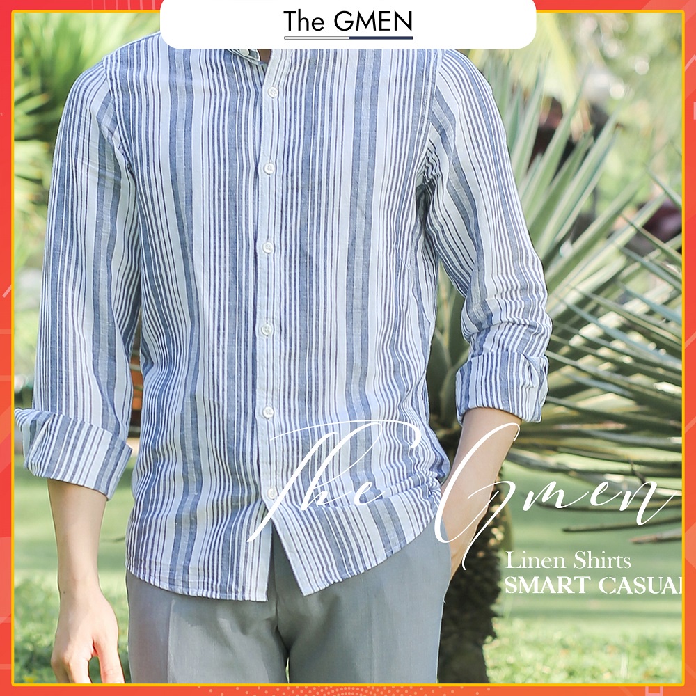 [Giảm 10% Mã SKMLTSM12] Áo sơ mi nam dài tay The GMEN Linen cổ trụ thiết kế kẻ sọc, thoáng mát, thấm hút mồ hôi