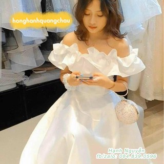 Đầm dự tiệc thiết kế đi kỷ yếu, đám cưới, đầm midi trắng bèo vai sáng chảnh kèm ảnh thật  - ROSIE DREAM Rosie Dream Shop