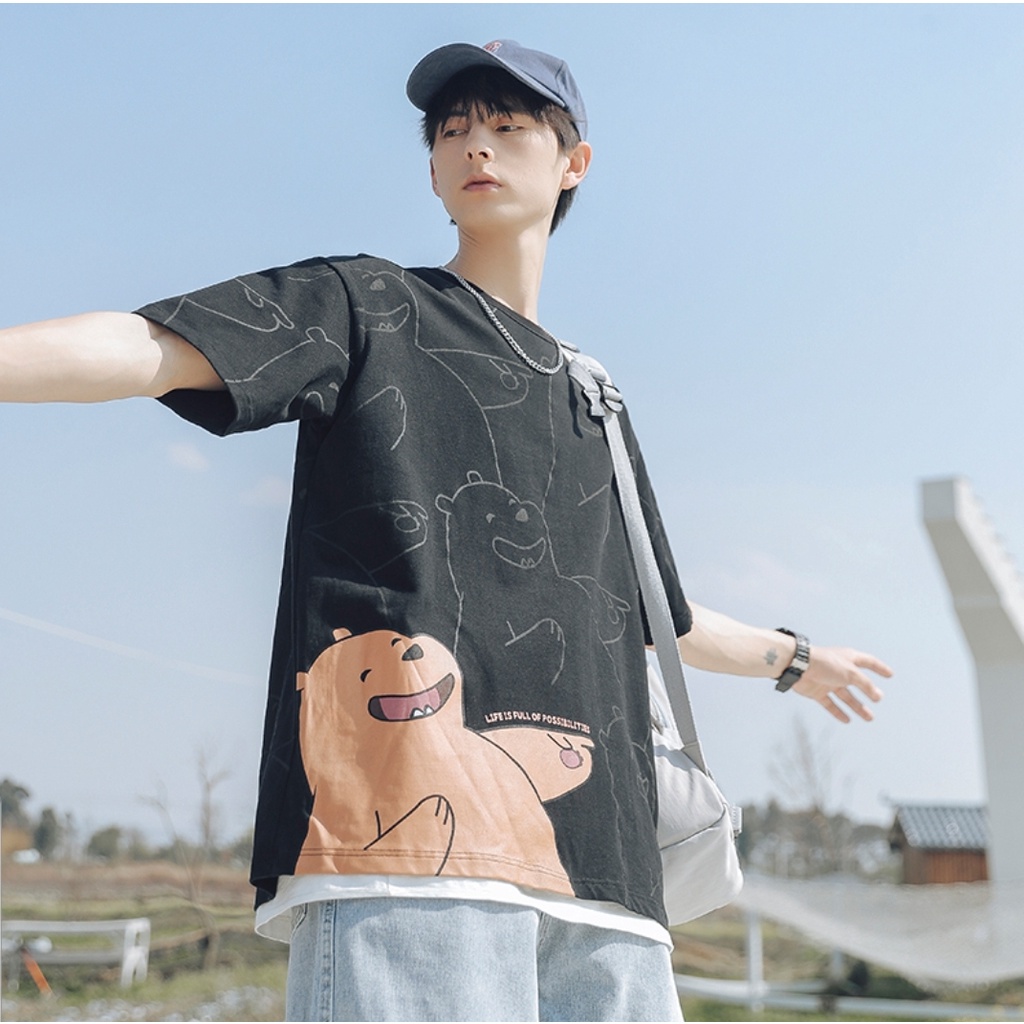 Áo thun tay lỡ MEANSTORE phông cotton Unisex nam nữ tee oversize form rộng pull Ulzzang vải mát - H1551 gấu nâu