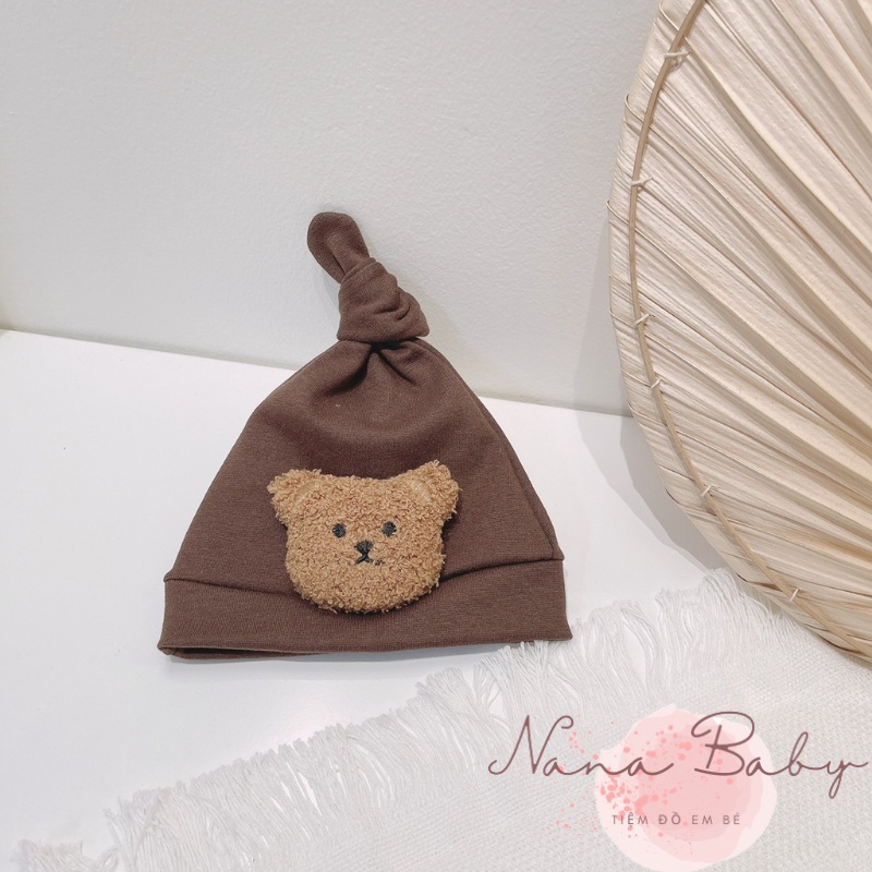 Mũ nón chất cotton thắt nút đính gấu đáng yêu cho bé 0-12m NanaBaby MD63