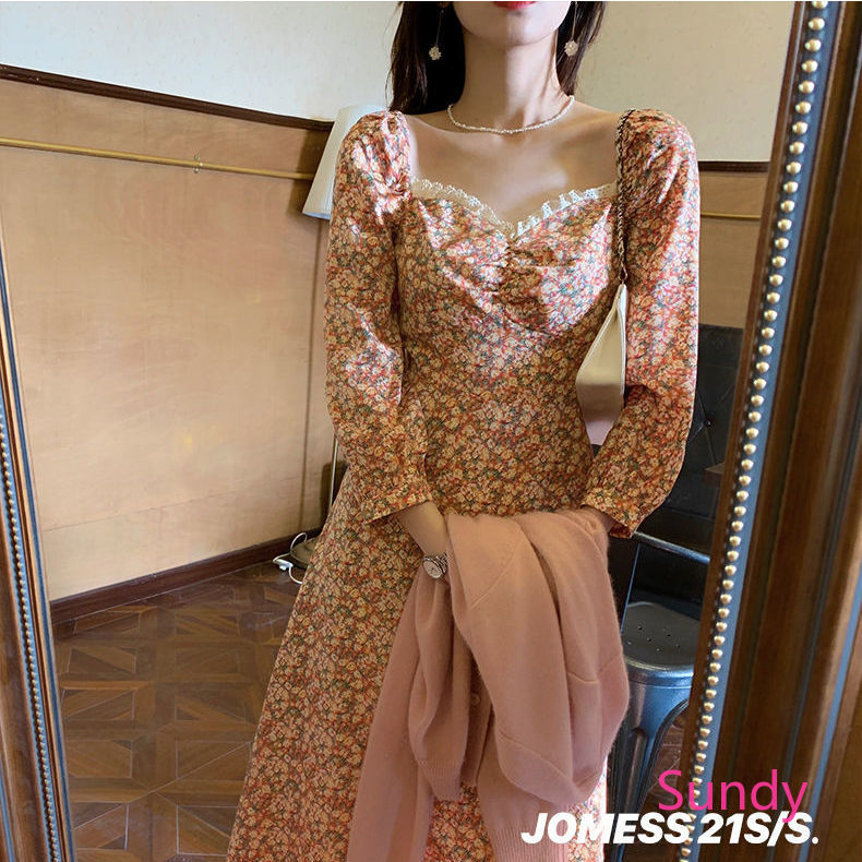 Đầm Dáng Dài Cổ Vuông In Họa Tiết Hoa Phong Cách Retro Pháp