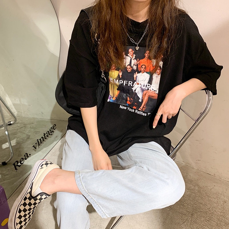 SUXI Áo Thun Cotton Tay Ngắn Dáng Suông In Hoạ Tiết Cổ Điển Thời Trang Phong Cách Hàn Quốc Cho Nữ