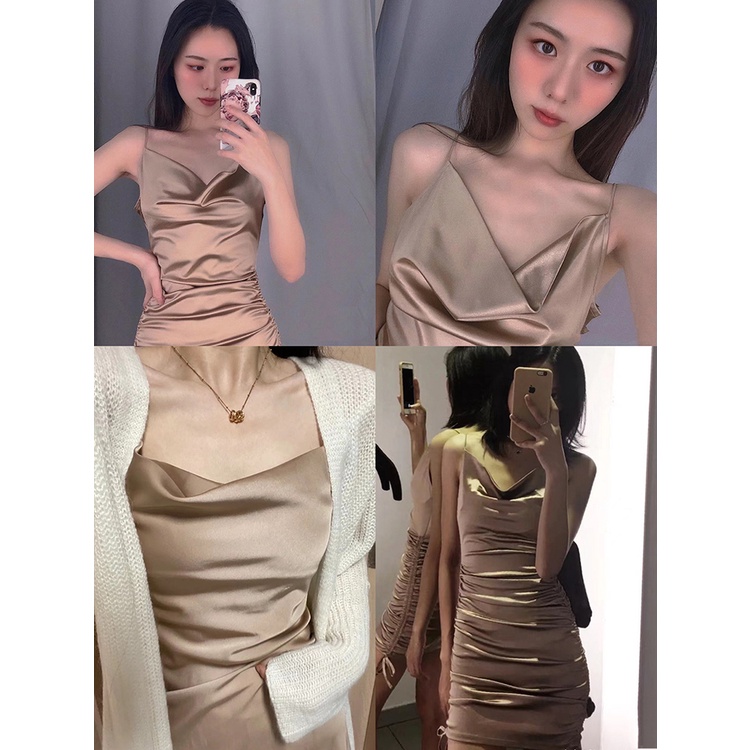 CÓ SẴN Váy body dây rút chất satin HM