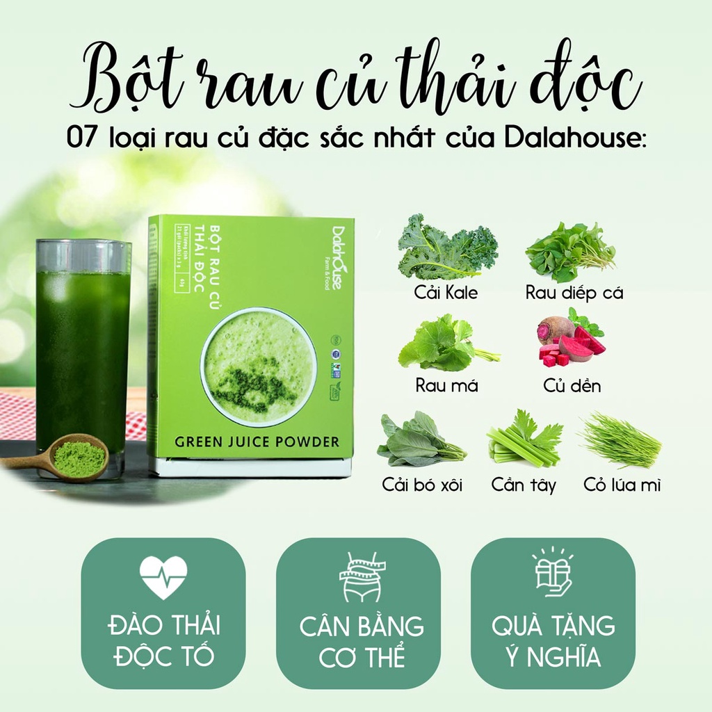 Nước uống detox cần tây diếp cá cải xoăn lúa mì bó xôi củ dền rau má Dalahouse Combo 7 vị  21 gói