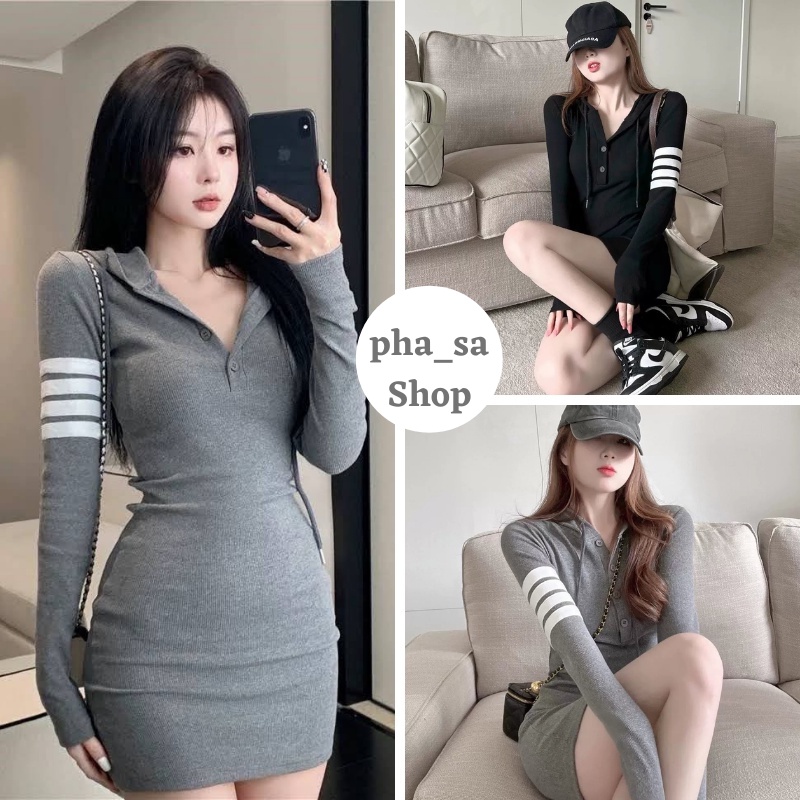 Đầm Body Dài Tay GÂn Tăm Co Giãn 4 Chiều - Kết Hợp Nón Tay Kẻ Phối 3 Sọc Hai Màu Đen Xám
